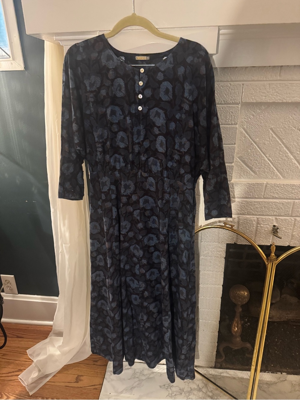 Matta Cotton Navy and Light Blue Floral Long Sleeve Midi Dress Small